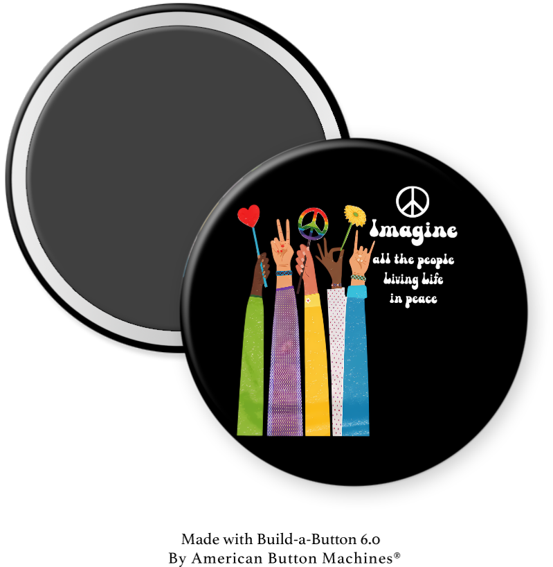 Refrigerator magnet by Magnets and Memories featuring the phrase "Imagine All The People Living Life in Peace" in bold lettering.