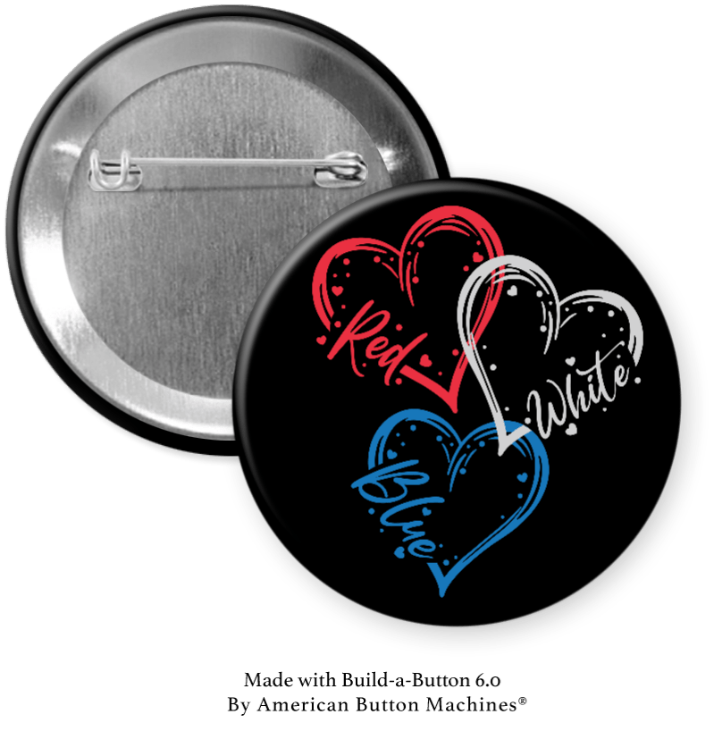 Set of patriotic hearts refrigerator magnets in red, white, and blue on a black background by Magnets and Memories.