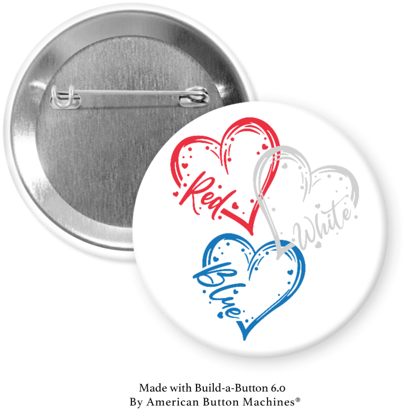 Red, white, and blue patriotic hearts refrigerator magnets by Magnets and Memories on a white background.