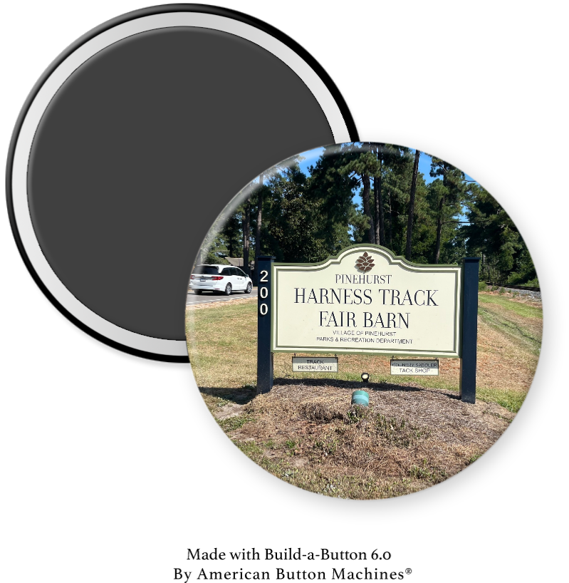 Magnets and Memories Pinehurst Harness Track Fair Barn Sign refrigerator magnet with vintage racing event design.