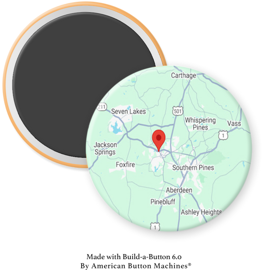 Sandhills Area Map refrigerator magnet by Magnets and Memories featuring Pinehurst, Aberdeen, and Southern Pines landmarks.