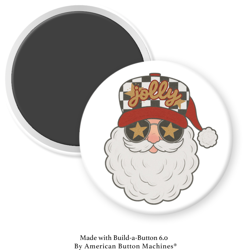 Santa Claus refrigerator magnet wearing a checkered Jolly Trucker hat and sunglasses, from Magnets and Memories.