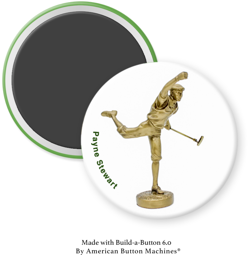 Small Payne Stewart refrigerator magnet in pinehurst by Magnets and Memories, featuring a detailed miniature statue design.