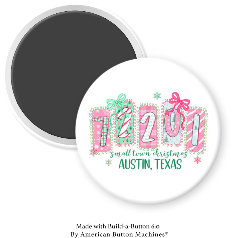 Small Town Christmas refrigerator magnet featuring Austin, TX and zip code 72201 from Magnets and Memories.