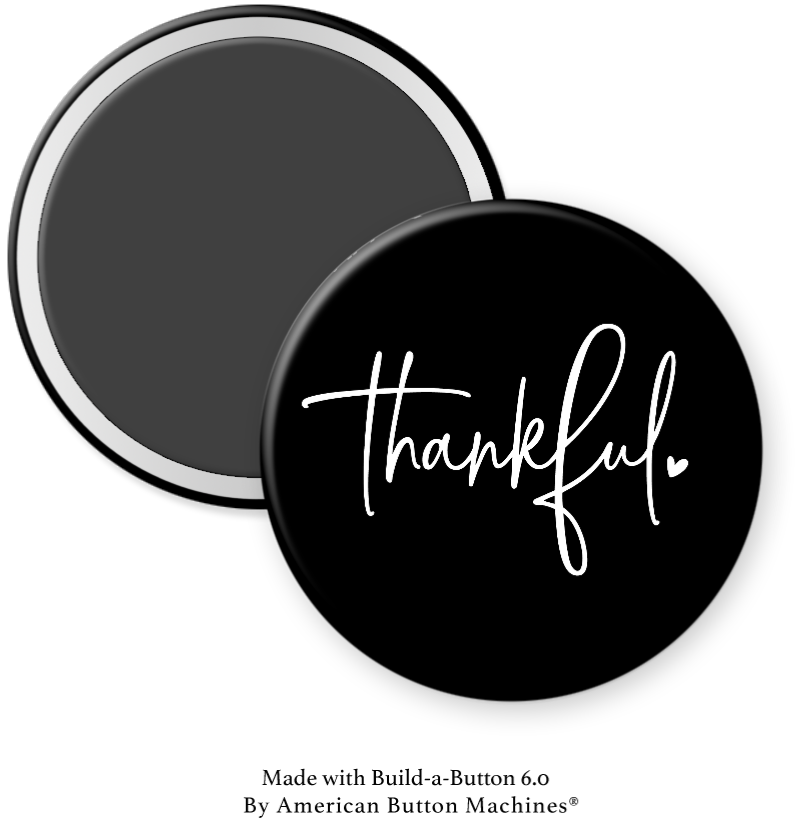 White "Thankful" refrigerator magnet from Magnets and Memories on black background, designed for decorative kitchen decor.