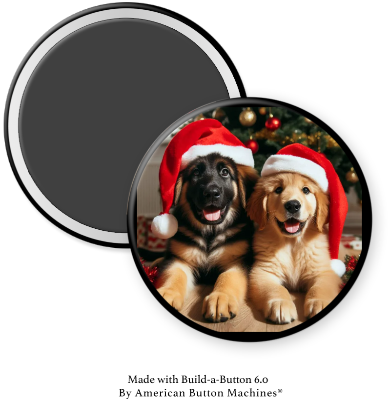 Two dog-shaped refrigerator magnets from Magnets and Memories wearing Santa hats, festive kitchen decor.
