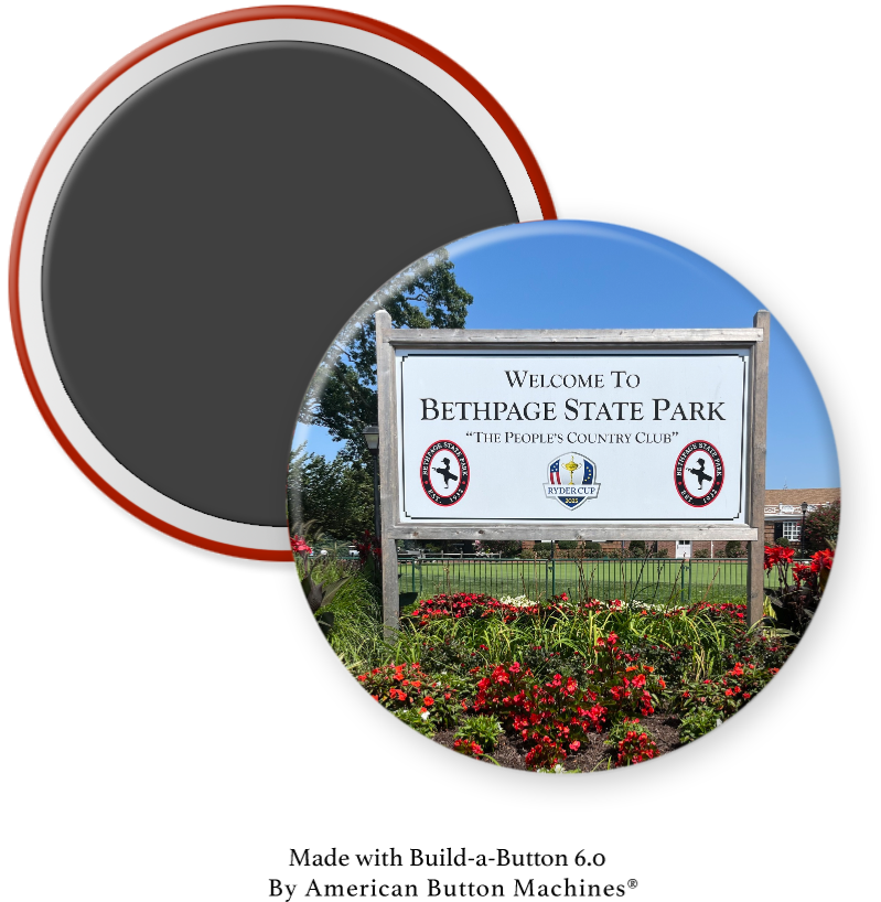 Magnets and Memories refrigerator magnet featuring the Bethpage State Park Golf Course sign for the 2025 Ryder Cup.